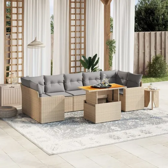 Havesofasæt 8 dele i polyrattan beige med hynder