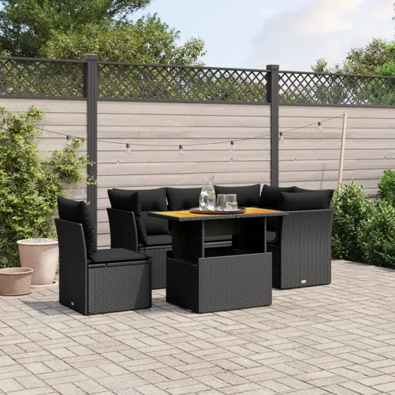 Havesofasæt 5 dele i sort polyrattan med hynder