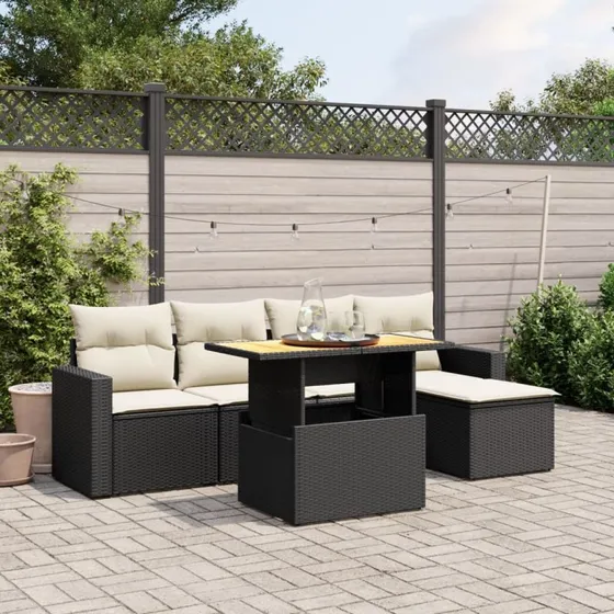 Havesæt 6 dele i sort polyrattan med hynder