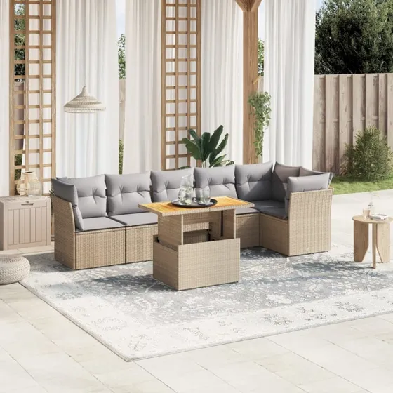 Havemøbelsæt 7 dele i polyrattan med hynder, beige