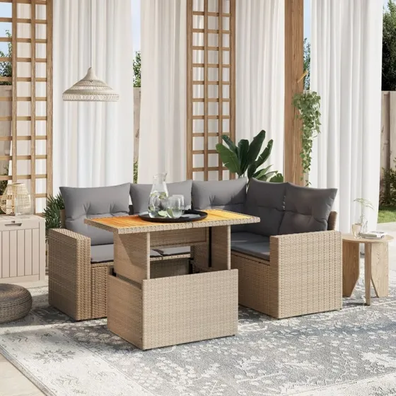 5-dele havesofasæt i polyrattan med hynder — beige