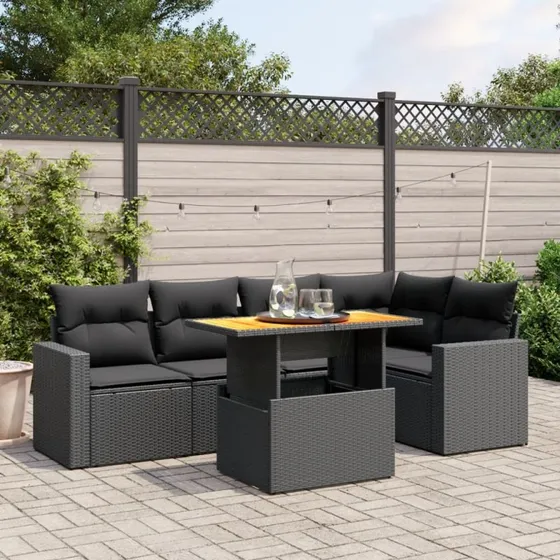 Havesofasæt 6 dele i sort polyrattan med hynder
