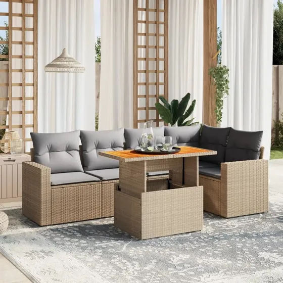 Havesofasæt 6 dele i polyrattan med hynder, beige