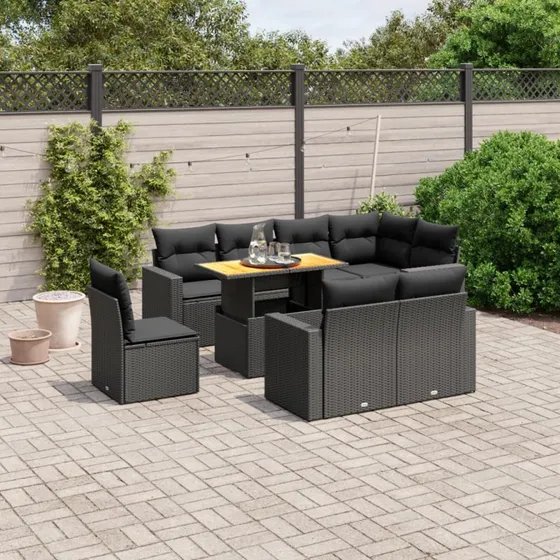 Havesofasæt 9 dele i polyrattan med hynder - sort
