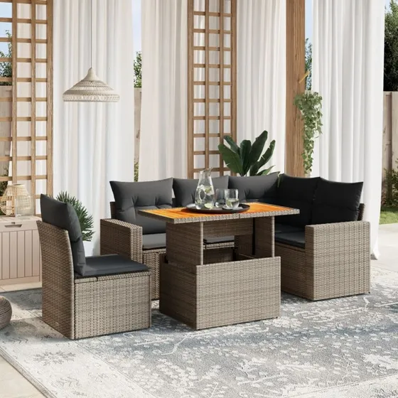 Havesofasæt 6 dele i polyrattan med hynder, grå
