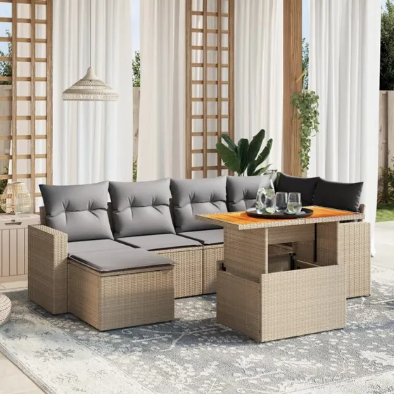 7-del polyrattan sofasæt til haven med hynder - beige