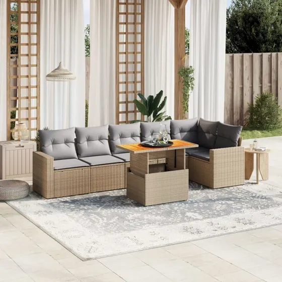 7-dele havemøbelsæt i polyrattan med hynder – beige