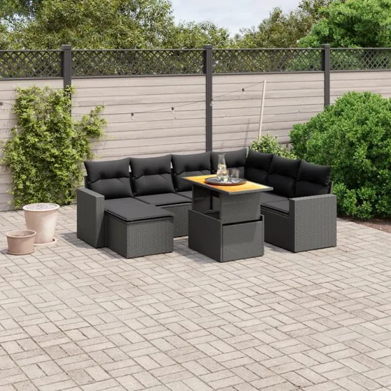 Havesofa sæt 8 dele i sort polyrattan med hynder