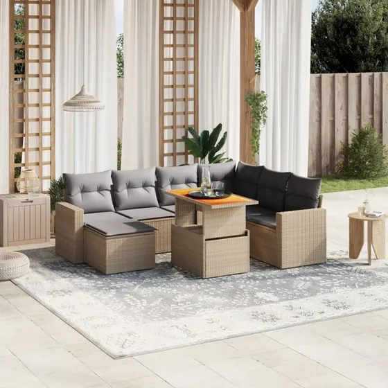 Havesofasæt 8 dele i polyrattan beige med hynder