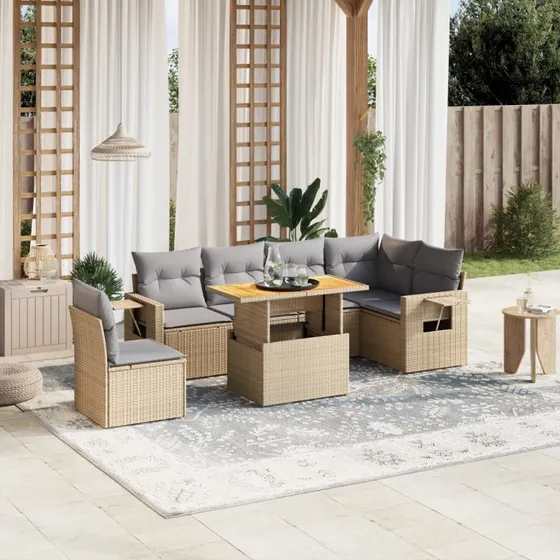 7-delt havemøbelsæt i polyrattan med hynder – beige