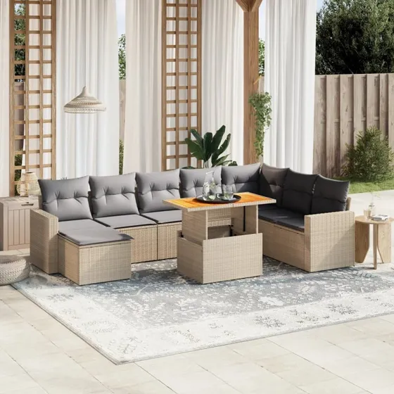 9-dele havemøbelsæt i polyrattan med hynder (beige)