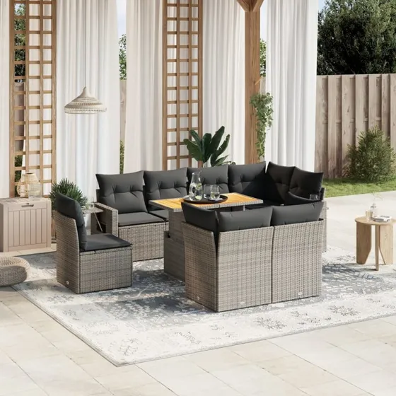 Havesofasæt 9 dele i polyrattan med hynder - Grå