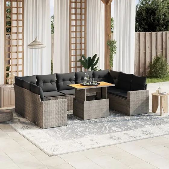 Sofasæt til haven 10 dele i grå polyrattan med hynder