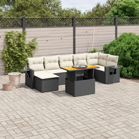Havesofa sæt 8 dele i sort polyrattan med hynder