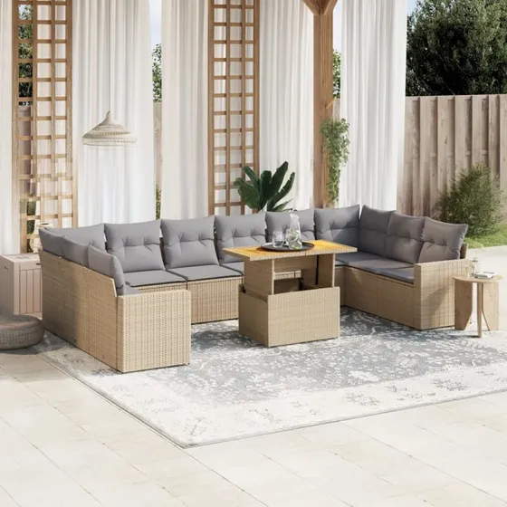 Havesofasæt 11 dele i beige polyrattan med hynder