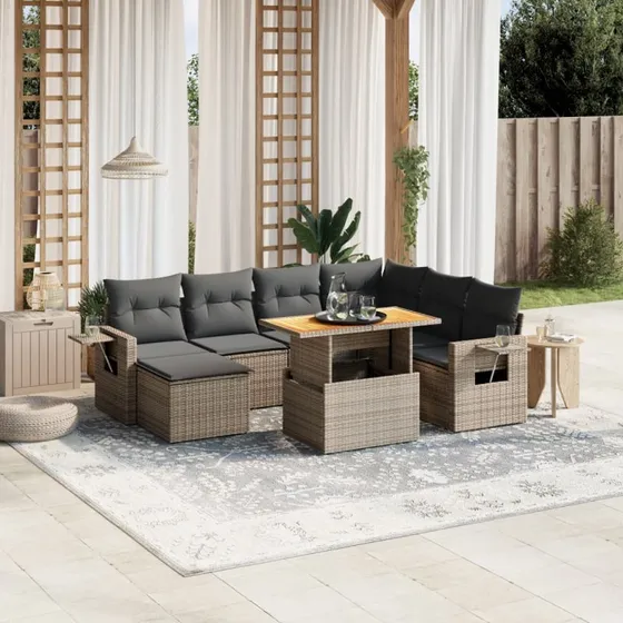 Sofasæt til haven 8 dele i grå polyrattan med hynder