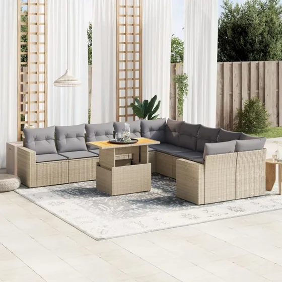 Havesofasæt 11 dele polyrattan med hynder - Beige