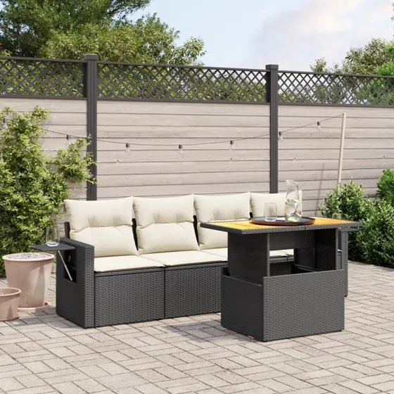 Havesofasæt 5 dele i sort polyrattan med hynder