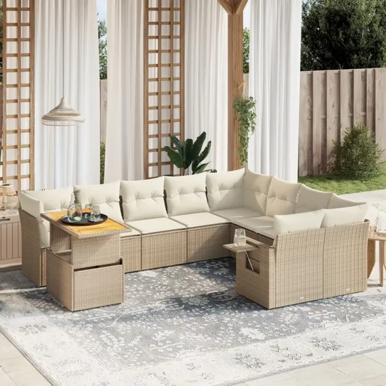 Havesofasæt 10 dele i polyrattan – beige med hynder