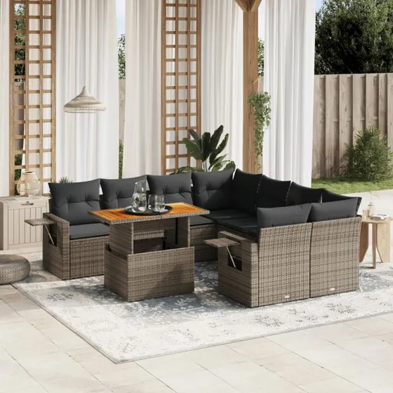 Havesofasæt 9 dele i grå polyrattan med hynder