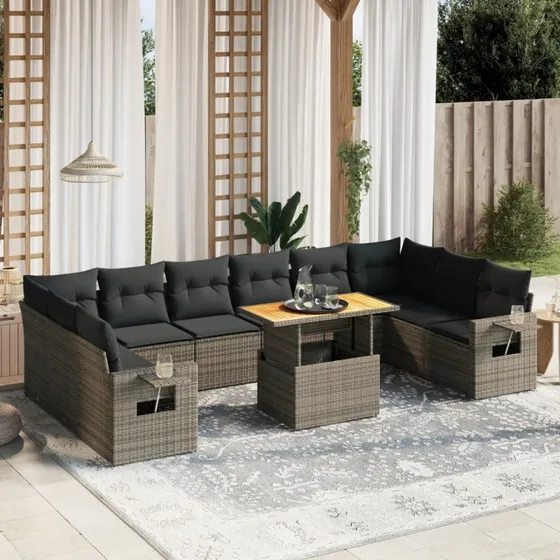 Loungesæt havemøbler 11 dele i grå polyrattan med hynder