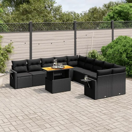 Polyrattan havesofasæt 11 dele med hynder - sort