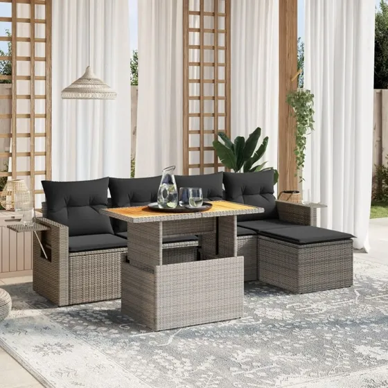Sofasæt til haven 6 dele i grå polyrattan med hynder