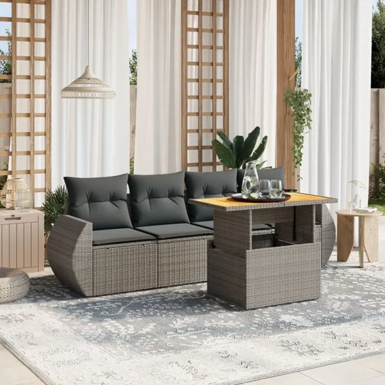 Sofasæt 5 dele i grå polyrattan med hynder