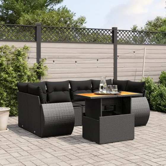 Havesofasæt 7 dele i sort polyrattan med hynder