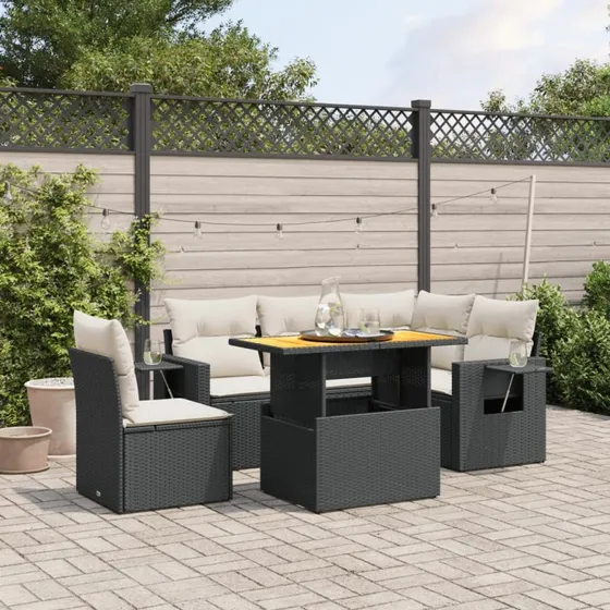 Havesofasæt 6 dele i sort polyrattan inkl. hynder