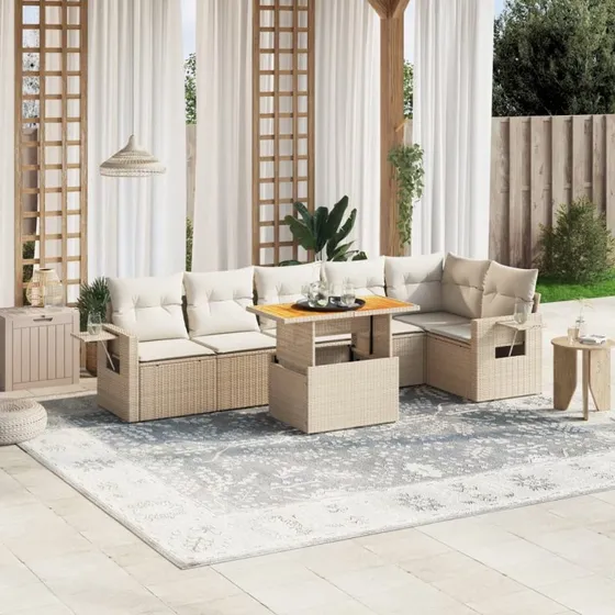 Havesofasæt 7 dele i polyrattan beige med hynder