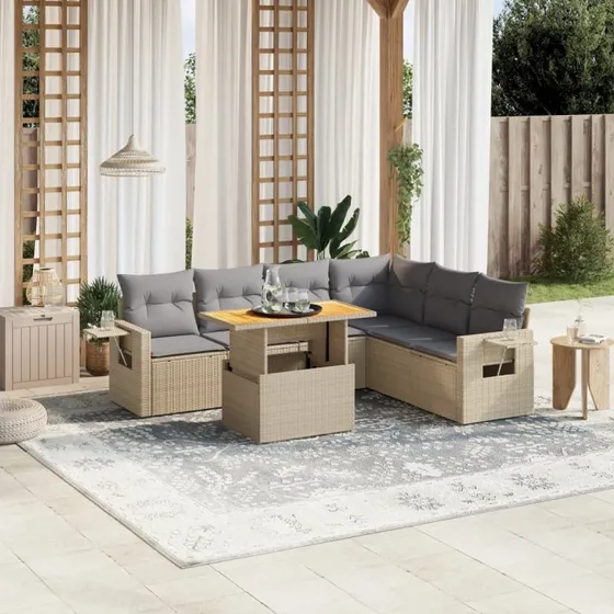 7-dele havemøblesæt i polyrattan med hynder, beige