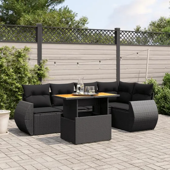 Sofasæt til haven 6 dele i sort polyrattan m. hynder