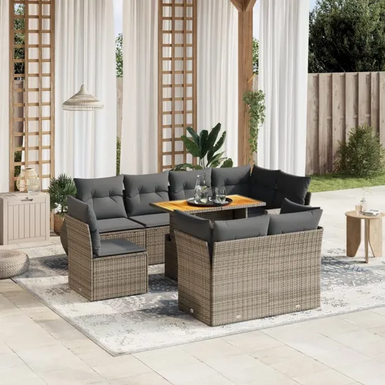 Havesofasæt 9 dele i grå polyrattan med hynder