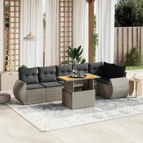 Havesofasæt 7 dele i grå polyrattan med hynder