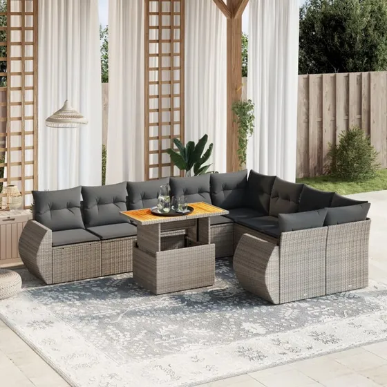 Havesofasæt 10 dele i polyrattan med hynder, grå