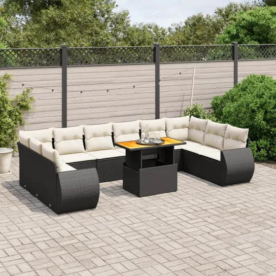 Havesofasæt 11 dele i polyrattan med hynder, sort