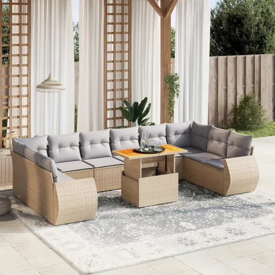 11-dele havemøbelsæt i polyrattan med hynder - beige