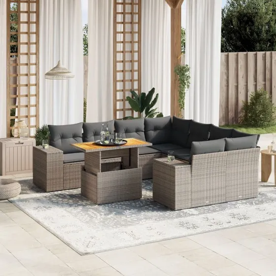 Havesofasæt 9 dele i polyrattan med hynder – grå