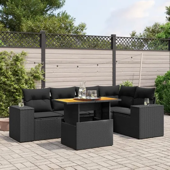 Havesofasæt 6 dele i sort polyrattan med hynder