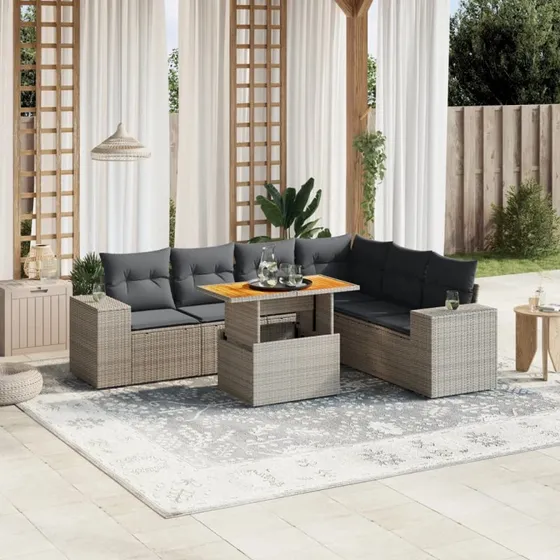 Havemøbelsæt polyrattan 7 dele med hynder — grå
