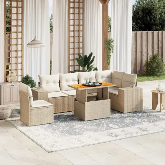 7-delers havesofasæt i polyrattan med hynder - beige