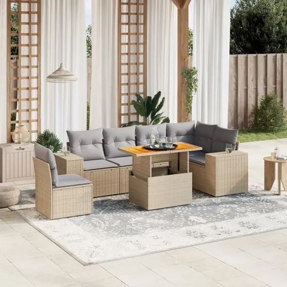 Sofasæt til haven 7 dele i polyrattan - beige