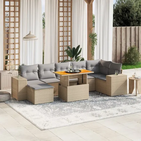 Havemøbelsæt 8 dele i polyrattan med hynder, beige