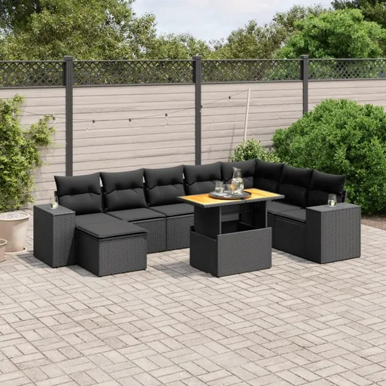Polyrattan sofasæt til haven 9 dele med hynder - sort