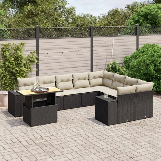 Havesofasæt 10 dele i polyrattan - sort