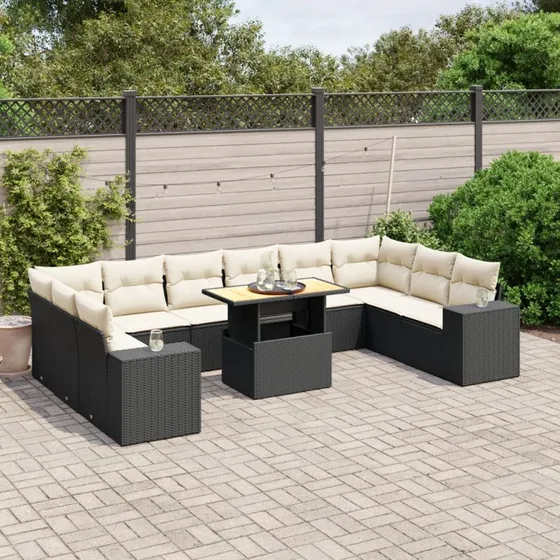 Havesofasæt 11 dele i sort polyrattan inkl. hynder
