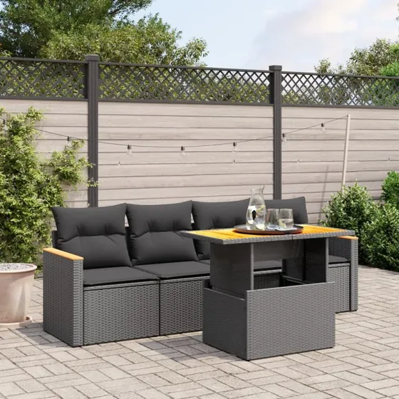 Havesofasæt 5 dele i sort polyrattan med hynder