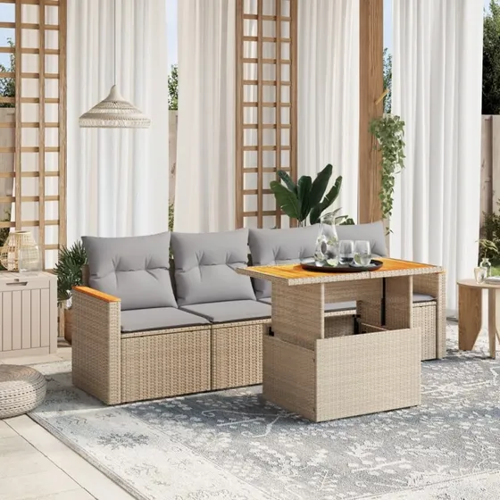 Havesofasæt i polyrattan 5 dele med hynder – beige