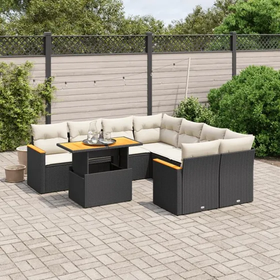 Polyrattan sofasæt til haven 9 dele med hynder - sort